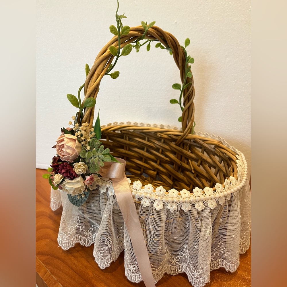 Wedding-Flower girl basket, headband, 2 mother of the bride/groom wrist corsages